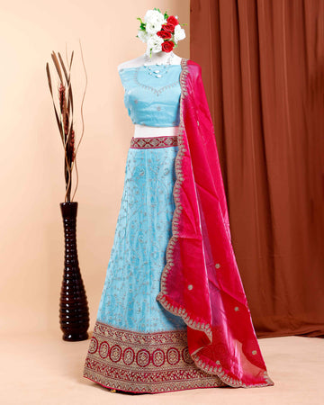 Embroidered Semi-Stitched Lehenga Choli with Dupatta Set - Blue