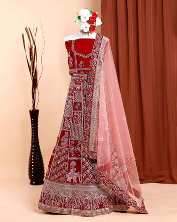 Exquisite Embroidered Semi-Stitched Bridal Lehenga with Dupatta - Maroon