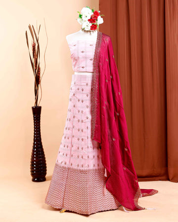 Embroidered Semi-Stitched Lehenga Material with Woven Design Border and Embellishments - Pink