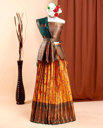 Women's Traditional Pleated Semi - Stitched Lehenga Ensemble with Draped Dupatta - Mustard