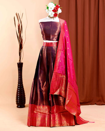 Women's Traditional Jacquard Silk Half Saree Lehenga Choli Set with Zari Weaving and Dupatta - Copper