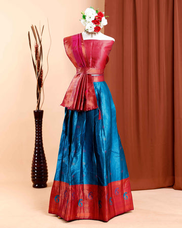 Traditional Semi-Stitched Zari Weaving Lehenga Set with Dupatta and Unstitched Blouse Piece - Pink