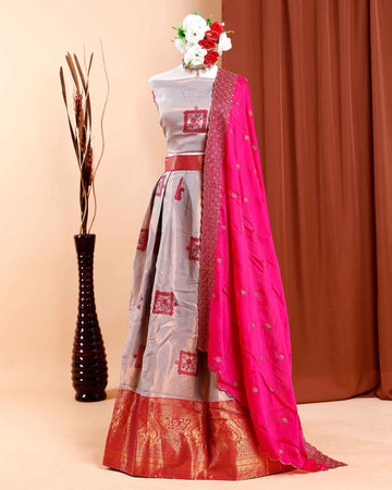 Exquisite Semi-Stitched Lehenga Material with Intricate Embroidered Motifs and Brocade Border - Grey