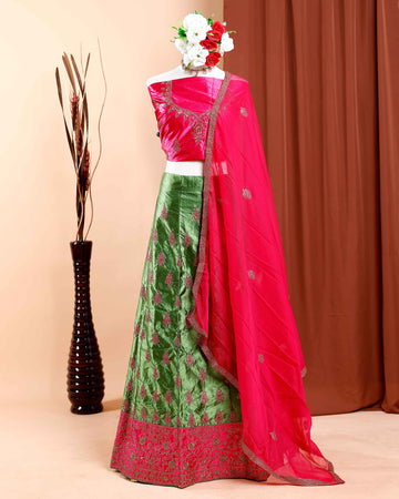 Banarasi Silk Lehenga Material with Traditional Zari and Thread Weaving ,Unstitched Embroidered Blouse Fabric and Embellished Net Dupatta - Pink