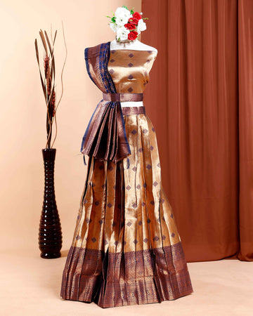 Intricately Woven Silk Blend Semi - Stitched Lehenga with Traditional Motifs and Zari Border Accents - Gold