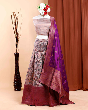 Floral Printed Semi-Stitched Bridal Wedding Lehenga with Woven Details - Purple