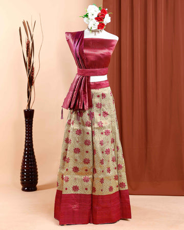 Traditional Silk Blend Half Saree Lehenga with Floral Print Skirt and Rich Zari Border - Purple