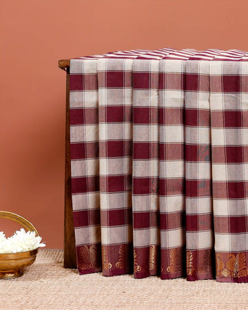 Traditional Chettinad Cotton Saree with Bold Checked Pattern and Rich Zari Border - Multi