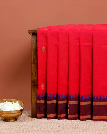 Authentic Chettinad Cotton Saree with Intricate Zari Border and Subtle Butta Weaves - Red