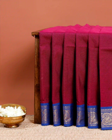 Elegant Chettinad Cotton Saree with Contrasting Zari Border and Subtle Textured Weave - Magenta