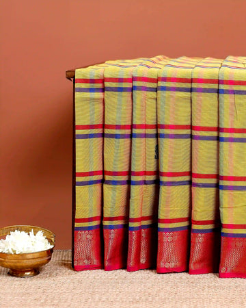 Traditional Chettinad Cotton Saree with Bold Checked Pattern and Rich Zari Border - Yellow