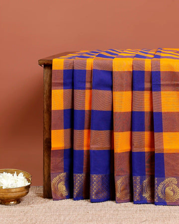 Traditional Chettinad Cotton Saree with Bold Checked Pattern and Rich Zari Border - Multi