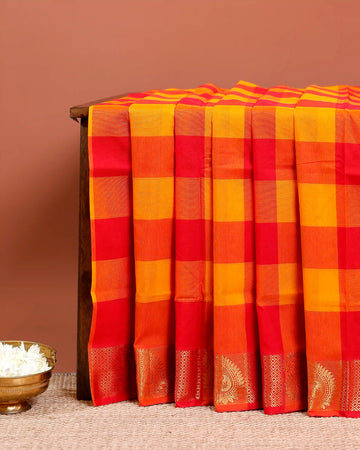 Traditional Chettinad Cotton Saree with Bold Checked Pattern and Rich Zari Border - Multi