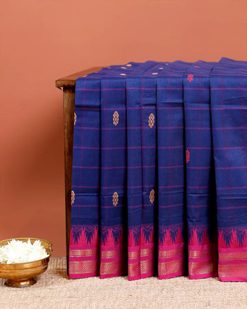 Traditional Chettinad Cotton Saree with Checked Pattern and Contrasting Temple Zari Border - Blue