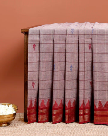 Traditional Chettinad Cotton Saree with Checked Pattern and Contrasting Temple Zari Border - Light Pink
