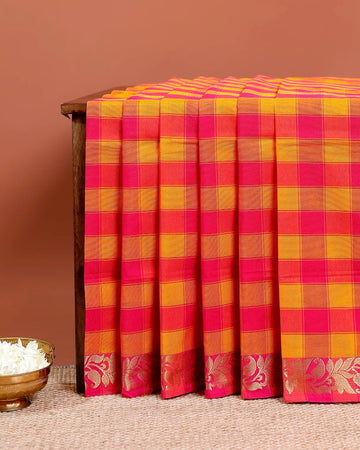 Traditional Chettinad Cotton Saree with Bold Checked Pattern and Rich Zari Border - Multi