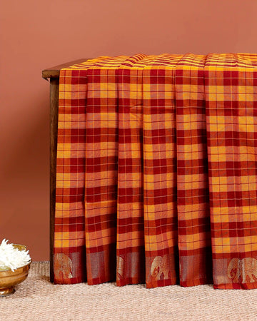 Traditional Chettinad Cotton Saree with Bold Checked Pattern and Rich Zari Border - Multi