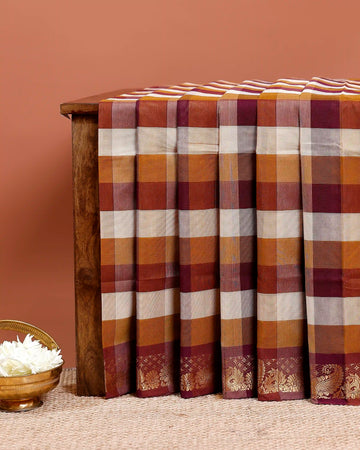 Traditional Chettinad Cotton Saree with Bold Checked Pattern and Rich Zari Border - Multi