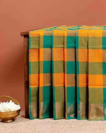 Traditional Chettinad Cotton Saree with Bold Checked Pattern and Rich Zari Border - Multi