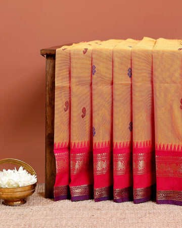Chettinad Cotton Saree with Paisley and Geometric Butta Motifs, Contrasting Temple Zari Border - Brown