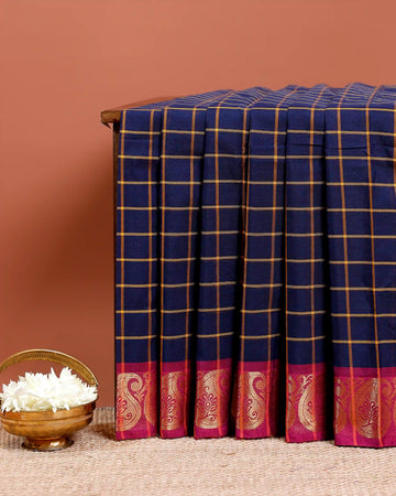 Elegant Chettinad Cotton Checked Saree with Traditional Zari Border - Blue