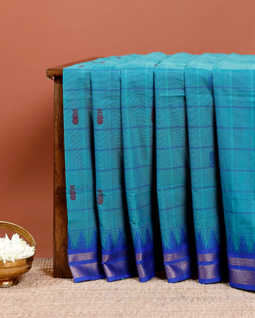 Traditional Chettinad Cotton Saree with Checked Pattern and Contrasting Temple Zari Border - Blue