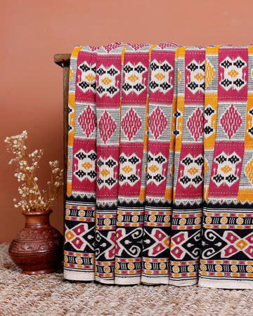 Handloom Kalamkari Cotton Saree with Geometric Ikat Weave and Traditional Border - Multi