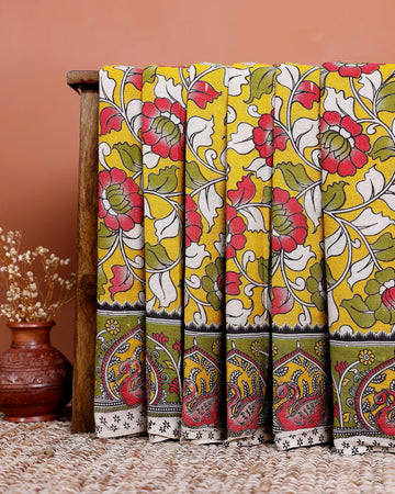 Handloom Kalamkari Cotton Saree with Traditional Motifs - Yellow