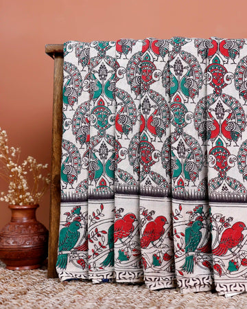 Handloom Kalamkari Saree with Traditional Peacock & Bird Motifs - Cream