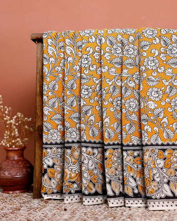 Handloom Traditional Kalamkari Cotton Saree with Floral Motifs - Orange