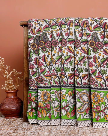 Handloom Kalamkari Cotton Saree with Traditional Floral & Paisley Print - Cream