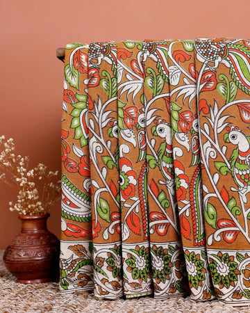 Handloom Kalamkari Cotton Saree with Traditional Floral Motifs - Brown