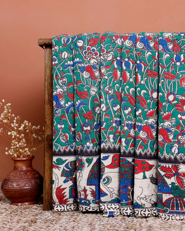 Handloom Kalamkari Cotton Saree with Traditional Floral Motifs - Green