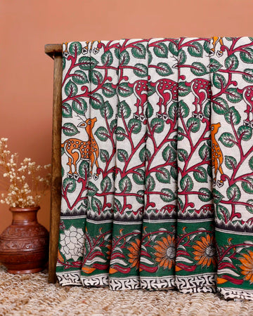 Handloom Kalamkari Cotton Saree with Traditional Floral Motif - Cream