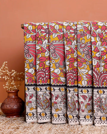 Handloom Kalamkari Cotton Saree with Traditional Floral & Avian Prints - Pink