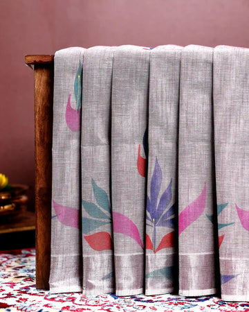 Handpainted Khadi Cotton Saree with Traditional Weave and Elegant Border Design - Grey