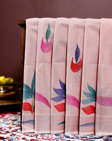 Handpainted Khadi Cotton Saree with Contemporary Floral Print and Minimalist Design - Pink
