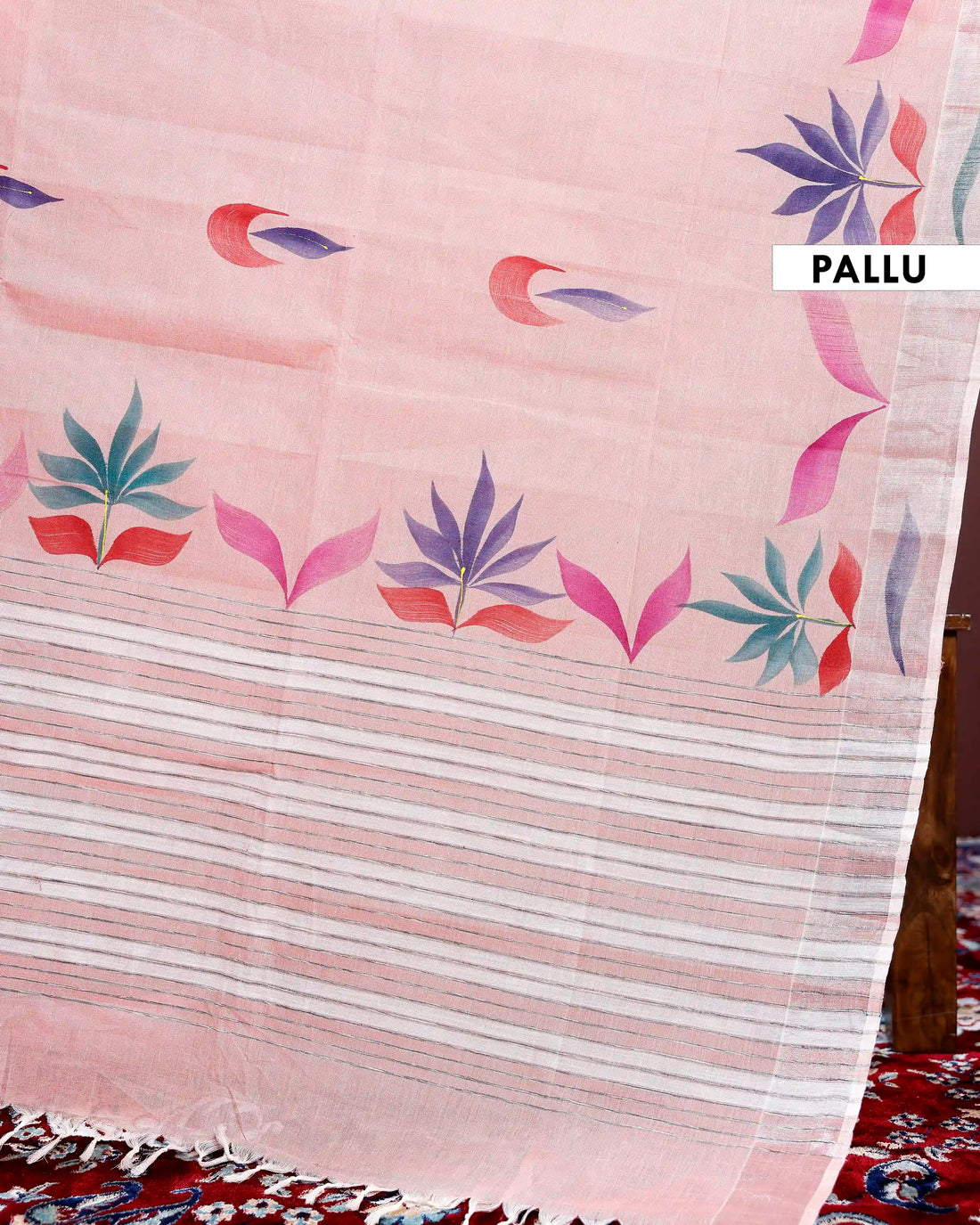Handpainted Khadi Cotton Saree with Contemporary Floral Print and Minimalist Design - Pink