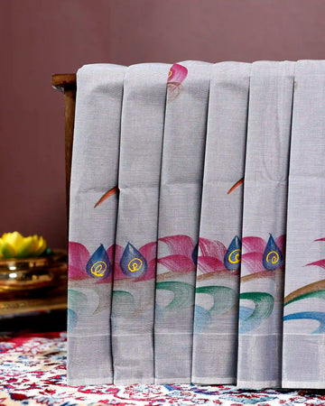 Handpainted Khadi Cotton Saree with Artistic Lotus Motif and Elegant Border Detailing - Grey