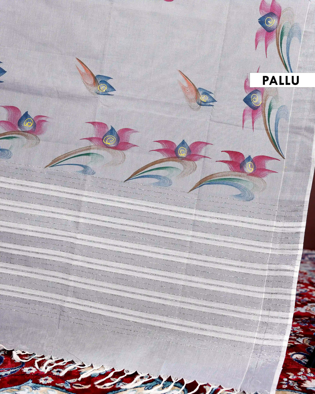 Handpainted Khadi Cotton Saree with Artistic Lotus Motif and Elegant Border Detailing - Grey