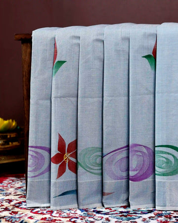 Handpainted Khadi Cotton Saree with Artistic Floral and Swirl Print Design - Light Blue