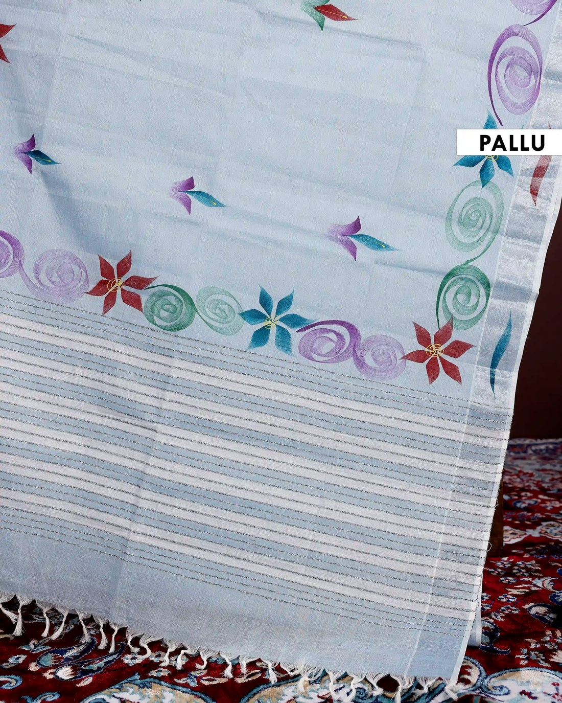 Handpainted Khadi Cotton Saree with Artistic Floral and Swirl Print Design - Light Blue