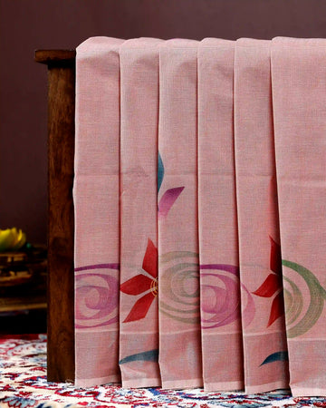 Handpainted Khadi Cotton Saree with Elegant Floral and Artistic Swirl Pattern - Pink