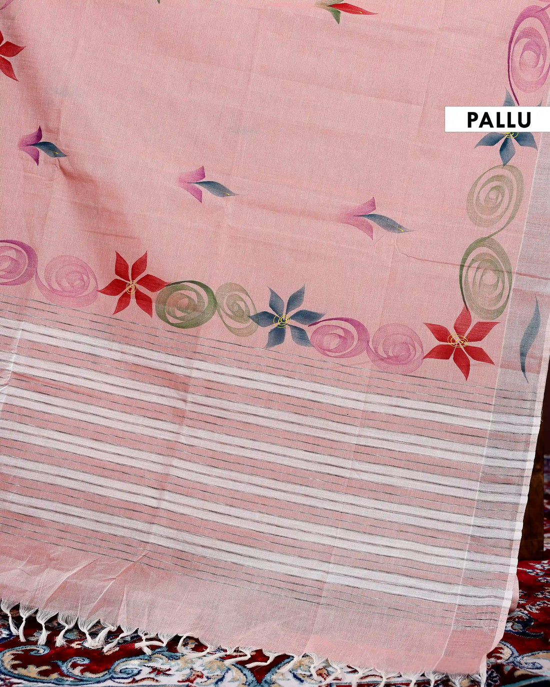 Handpainted Khadi Cotton Saree with Elegant Floral and Artistic Swirl Pattern - Pink