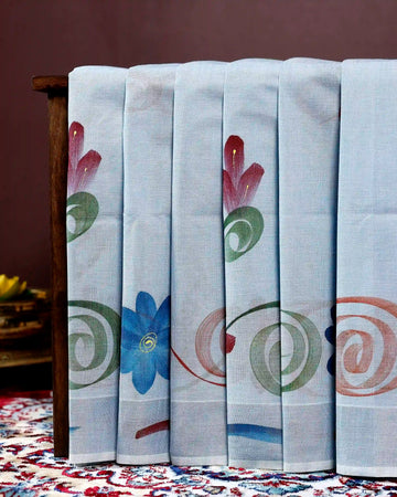 Handpainted Khadi Cotton Saree with Artistic Floral and Swirl Motif Design - Light Blue