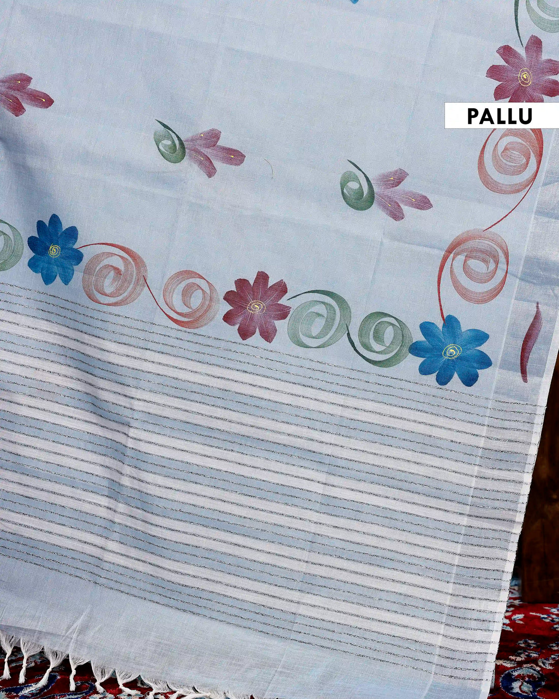 Handpainted Khadi Cotton Saree with Artistic Floral and Swirl Motif Design - Light Blue