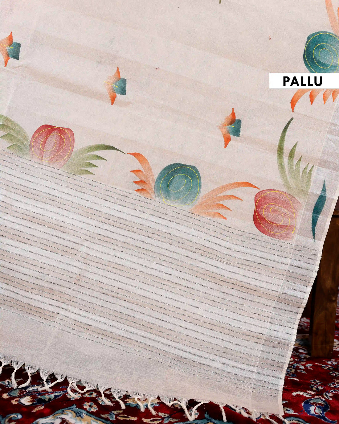 Handpainted Khadi Cotton Saree with Abstract Botanical Motifs -  Cream