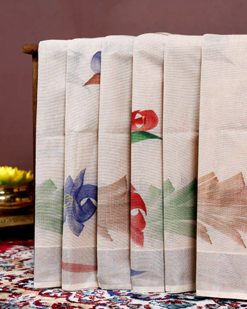 Handpainted Khadi Cotton Saree with Artistic Floral Print - Light Pink