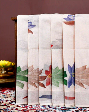 Handpainted Khadi Cotton Saree with Artistic Floral Print - Cream