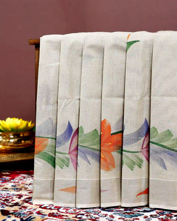 Handpainted Khadi Cotton Saree with Artistic Floral Print - Beige